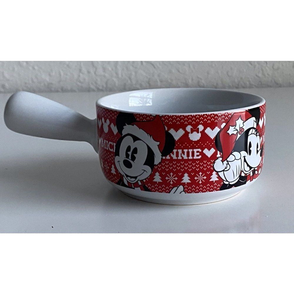 Disney Mickey And‎ Minnie Mouse Christmas Ceramic Soup Bowl With Handle Holidays